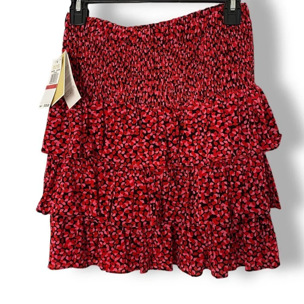 NWT Michael Kors Tiered Ruffle Mini Skirt Red Pink Black Sz XS Elastic Waist